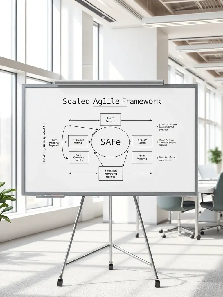 An image representing the Scaled Agile Framework (SAFe) with its various levels and components, illustrating its comprehensive nature.