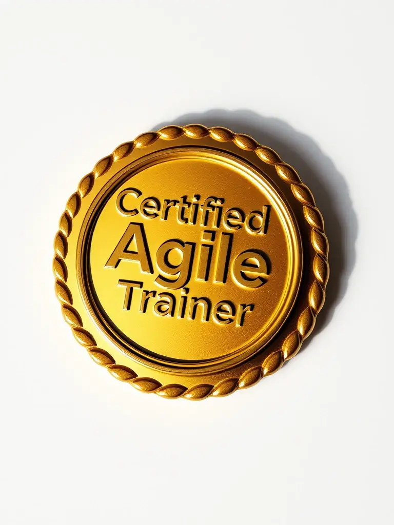 Image of a certified trainer badge, symbolizing expertise and credibility in Agile and SAFe methodologies, suitable for a professional training website.