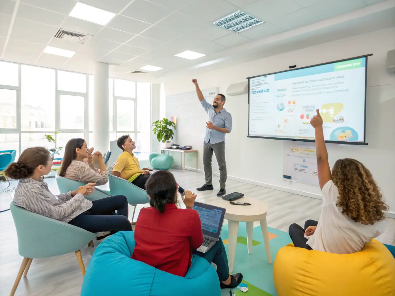 Image illustrative d'une salle de formation moderne avec des participants engagés dans une session SAFe SA (Leading SAFe). L'image doit transmettre professionnalisme et dynamisme.