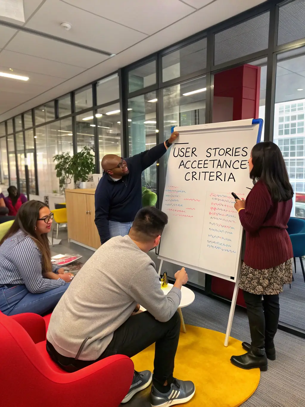 A focused image of a team collaborating on a whiteboard, filled with sticky notes and diagrams, representing the Agile Fundamentals course.